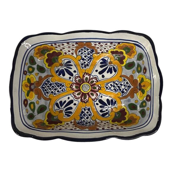 Mexican Hand Painted Pottery Baking Casserole Dish Floral Folk Art  13”x9”x3” - Picture 9 of 15